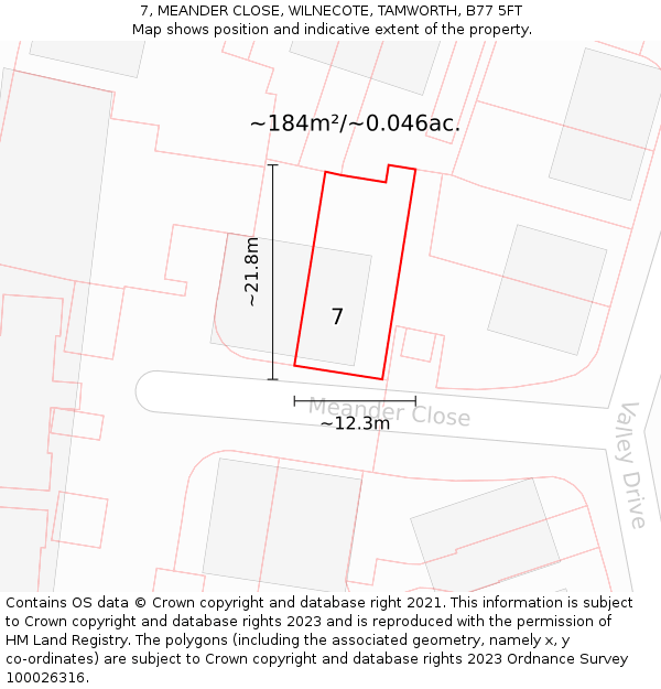 7, MEANDER CLOSE, WILNECOTE, TAMWORTH, B77 5FT: Plot and title map