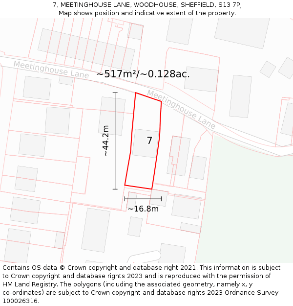 7, MEETINGHOUSE LANE, WOODHOUSE, SHEFFIELD, S13 7PJ: Plot and title map