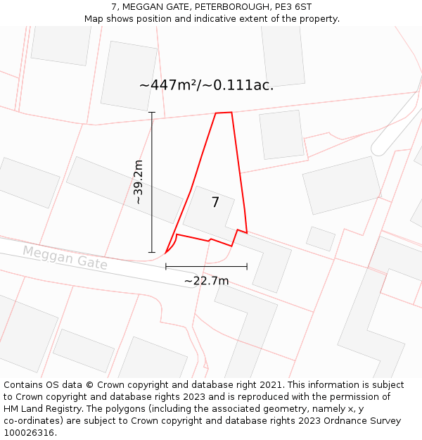 7, MEGGAN GATE, PETERBOROUGH, PE3 6ST: Plot and title map