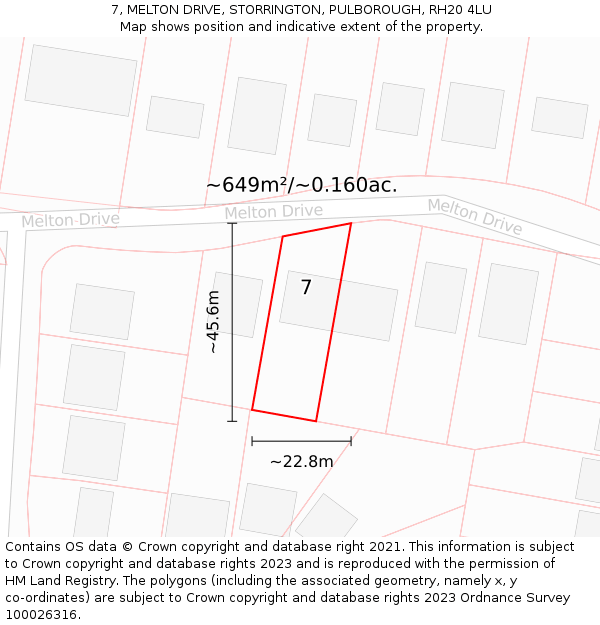 7, MELTON DRIVE, STORRINGTON, PULBOROUGH, RH20 4LU: Plot and title map