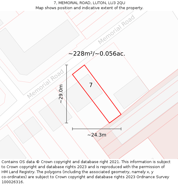 7, MEMORIAL ROAD, LUTON, LU3 2QU: Plot and title map