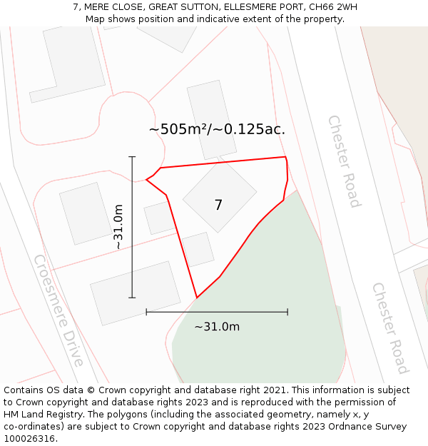 7, MERE CLOSE, GREAT SUTTON, ELLESMERE PORT, CH66 2WH: Plot and title map