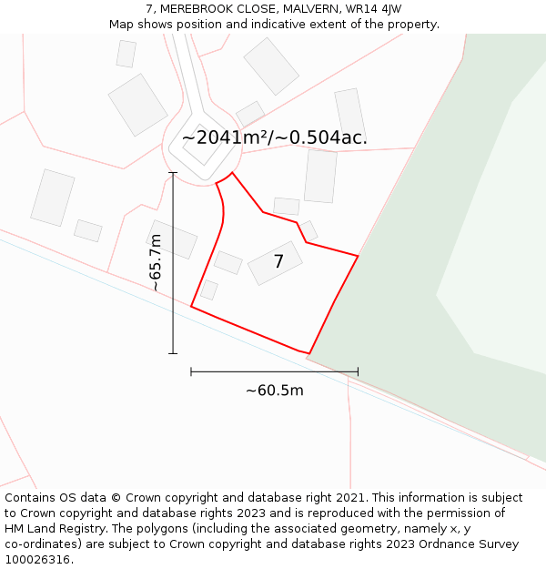 7, MEREBROOK CLOSE, MALVERN, WR14 4JW: Plot and title map