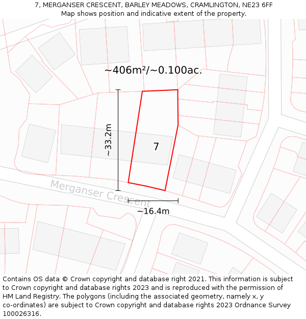 7, MERGANSER CRESCENT, BARLEY MEADOWS, CRAMLINGTON, NE23 6FF: Plot and title map