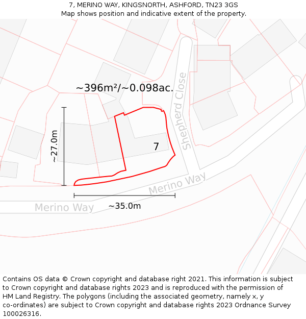 7, MERINO WAY, KINGSNORTH, ASHFORD, TN23 3GS: Plot and title map