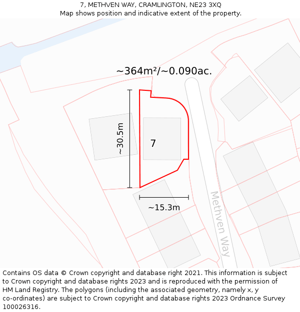 7, METHVEN WAY, CRAMLINGTON, NE23 3XQ: Plot and title map