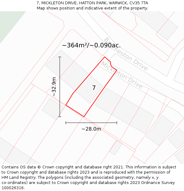 7, MICKLETON DRIVE, HATTON PARK, WARWICK, CV35 7TA: Plot and title map