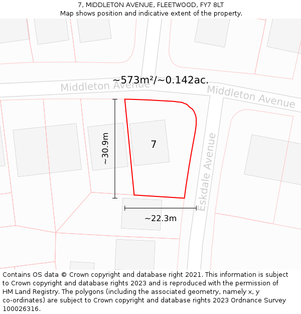 7, MIDDLETON AVENUE, FLEETWOOD, FY7 8LT: Plot and title map