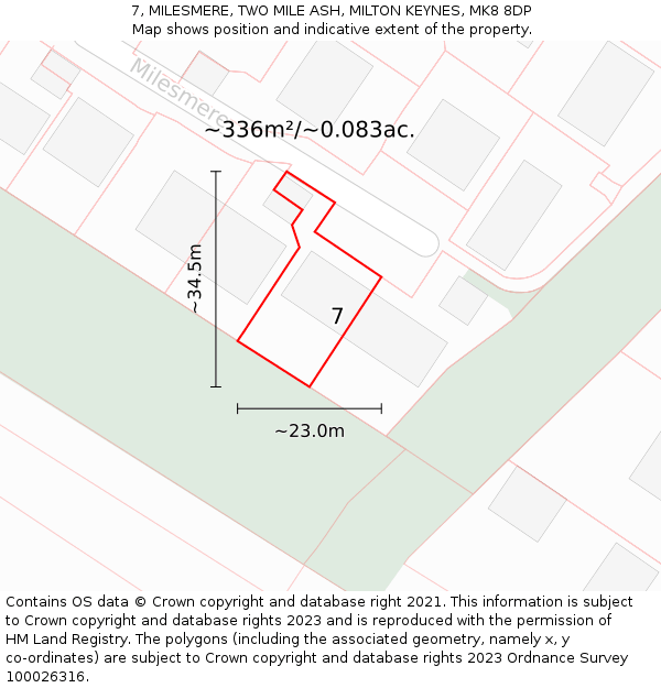 7, MILESMERE, TWO MILE ASH, MILTON KEYNES, MK8 8DP: Plot and title map