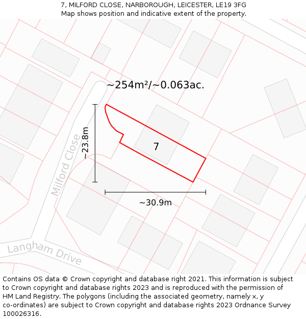 7, MILFORD CLOSE, NARBOROUGH, LEICESTER, LE19 3FG: Plot and title map