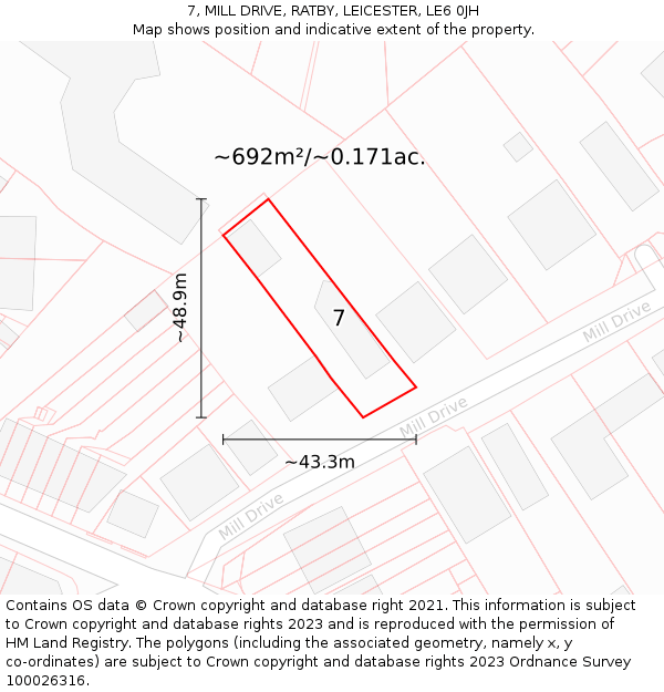 7, MILL DRIVE, RATBY, LEICESTER, LE6 0JH: Plot and title map