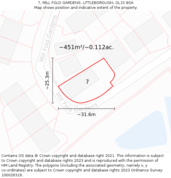 7, MILL FOLD GARDENS, LITTLEBOROUGH, OL15 8SA: Plot and title map