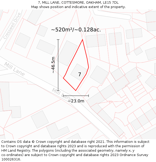 7, MILL LANE, COTTESMORE, OAKHAM, LE15 7DL: Plot and title map