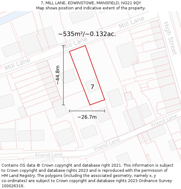 7, MILL LANE, EDWINSTOWE, MANSFIELD, NG21 9QY: Plot and title map