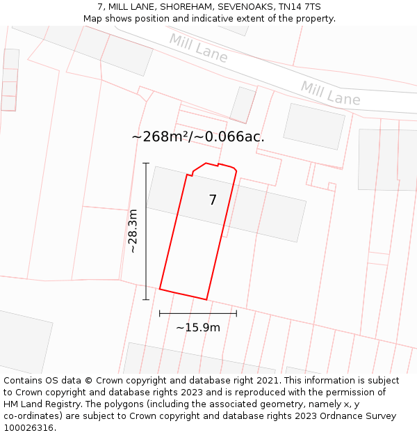 7, MILL LANE, SHOREHAM, SEVENOAKS, TN14 7TS: Plot and title map