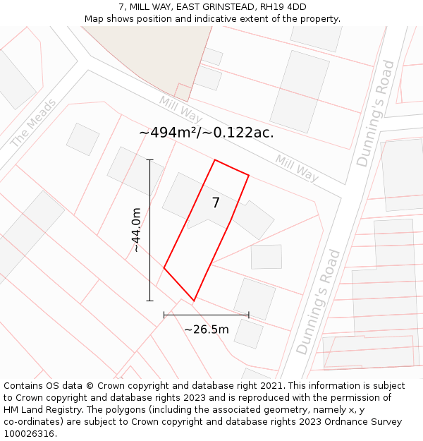 7, MILL WAY, EAST GRINSTEAD, RH19 4DD: Plot and title map