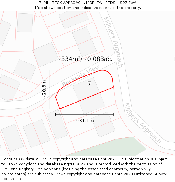 7, MILLBECK APPROACH, MORLEY, LEEDS, LS27 8WA: Plot and title map