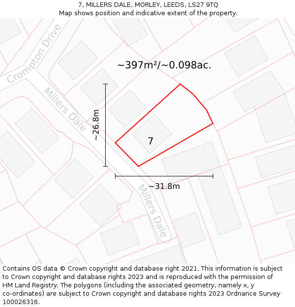 7, MILLERS DALE, MORLEY, LEEDS, LS27 9TQ: Plot and title map