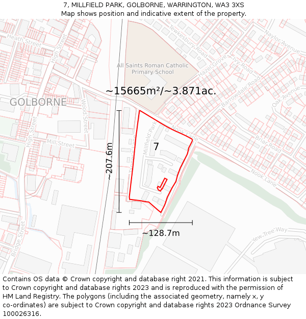 7, MILLFIELD PARK, GOLBORNE, WARRINGTON, WA3 3XS: Plot and title map