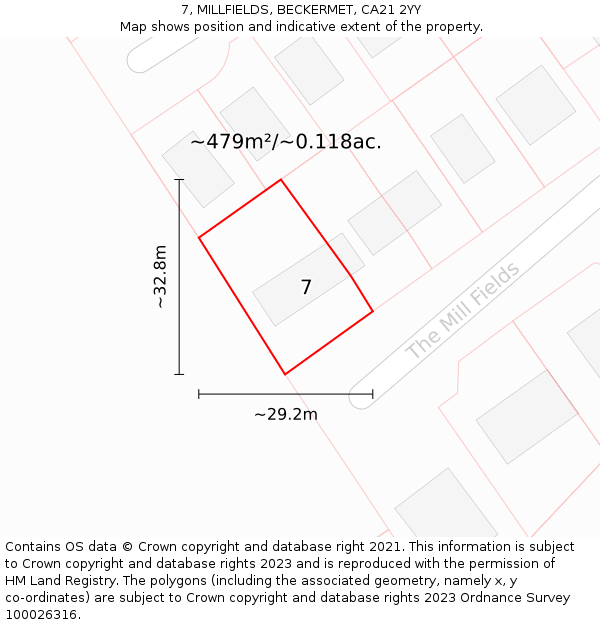 7, MILLFIELDS, BECKERMET, CA21 2YY: Plot and title map