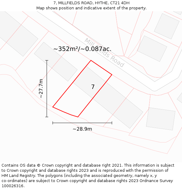 7, MILLFIELDS ROAD, HYTHE, CT21 4DH: Plot and title map