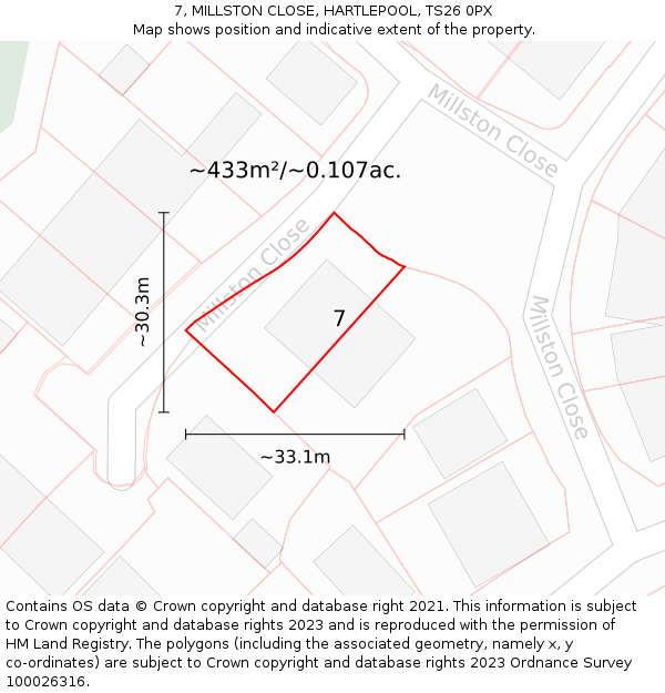 7, MILLSTON CLOSE, HARTLEPOOL, TS26 0PX: Plot and title map