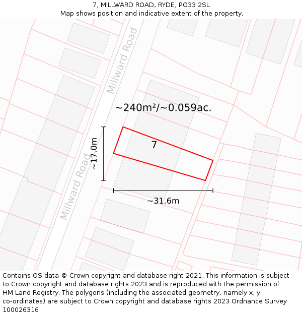 7, MILLWARD ROAD, RYDE, PO33 2SL: Plot and title map