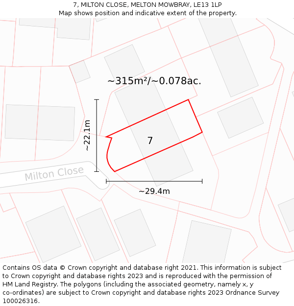 7, MILTON CLOSE, MELTON MOWBRAY, LE13 1LP: Plot and title map