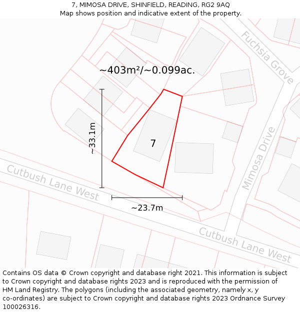 7, MIMOSA DRIVE, SHINFIELD, READING, RG2 9AQ: Plot and title map