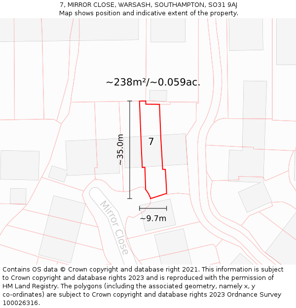 7, MIRROR CLOSE, WARSASH, SOUTHAMPTON, SO31 9AJ: Plot and title map