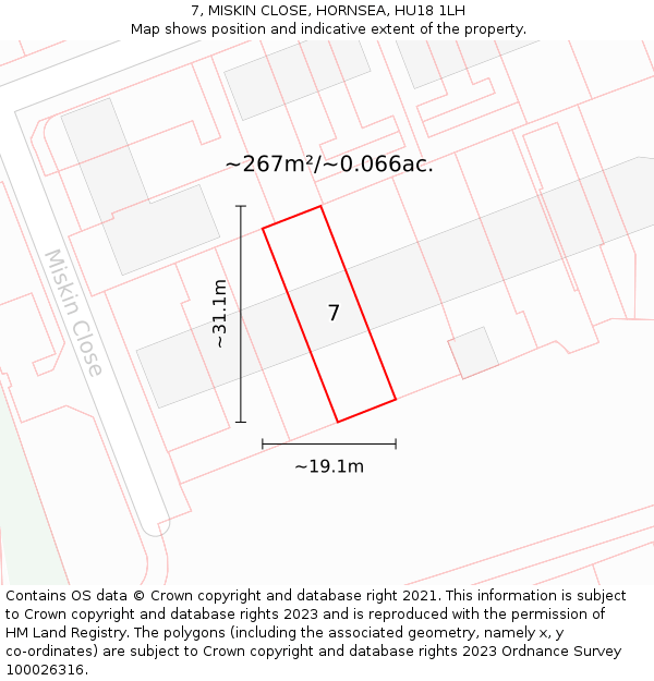 7, MISKIN CLOSE, HORNSEA, HU18 1LH: Plot and title map