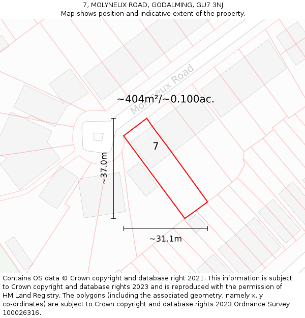 7, MOLYNEUX ROAD, GODALMING, GU7 3NJ: Plot and title map