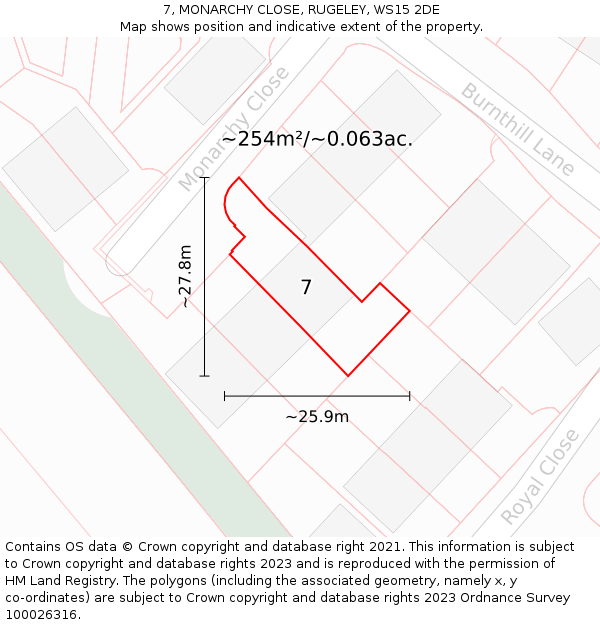 7, MONARCHY CLOSE, RUGELEY, WS15 2DE: Plot and title map