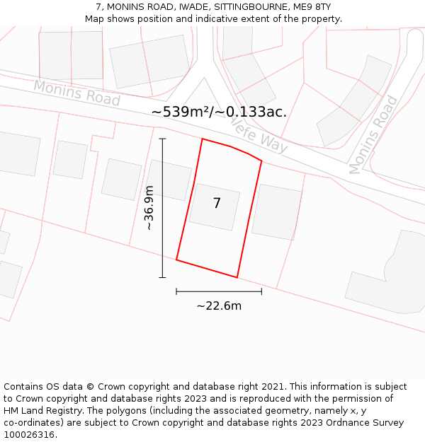 7, MONINS ROAD, IWADE, SITTINGBOURNE, ME9 8TY: Plot and title map