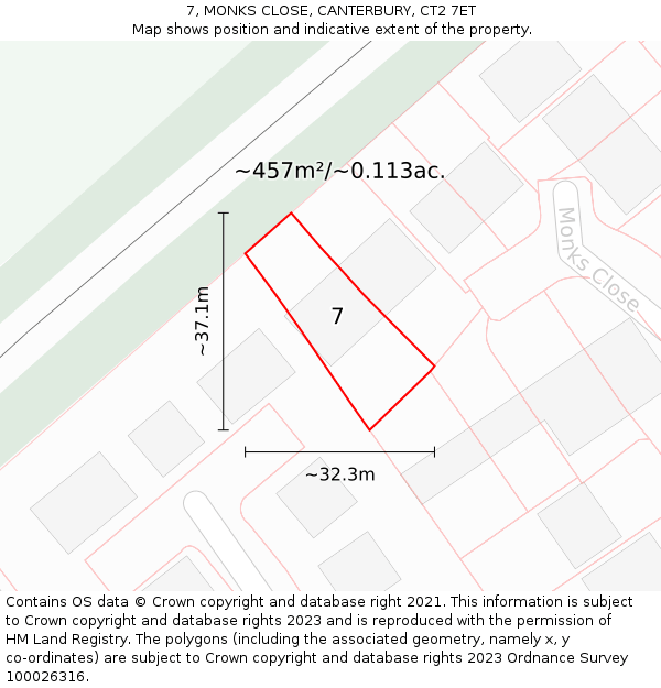 7, MONKS CLOSE, CANTERBURY, CT2 7ET: Plot and title map