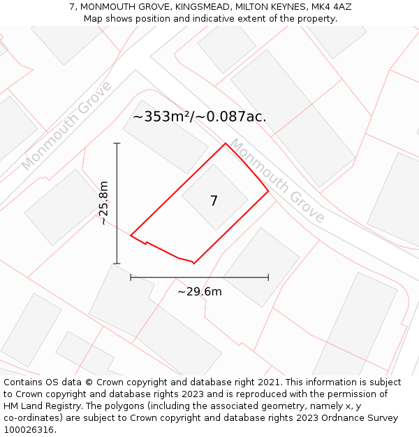 7, MONMOUTH GROVE, KINGSMEAD, MILTON KEYNES, MK4 4AZ: Plot and title map