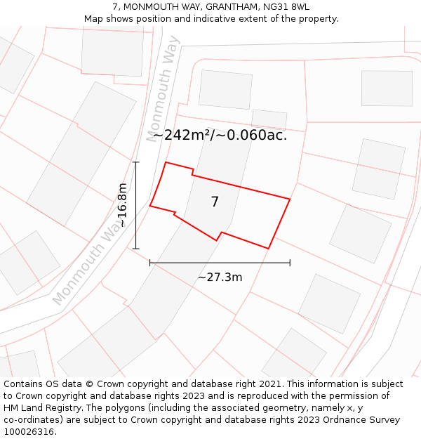 7, MONMOUTH WAY, GRANTHAM, NG31 8WL: Plot and title map