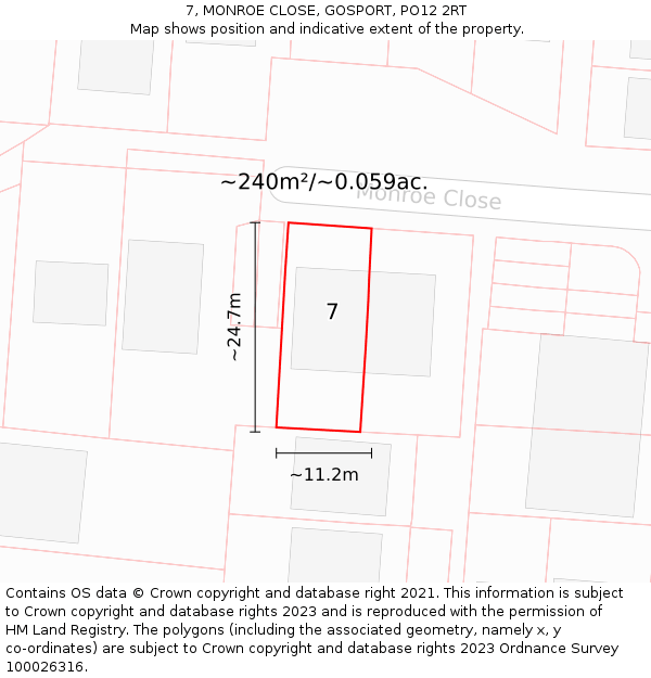 7, MONROE CLOSE, GOSPORT, PO12 2RT: Plot and title map