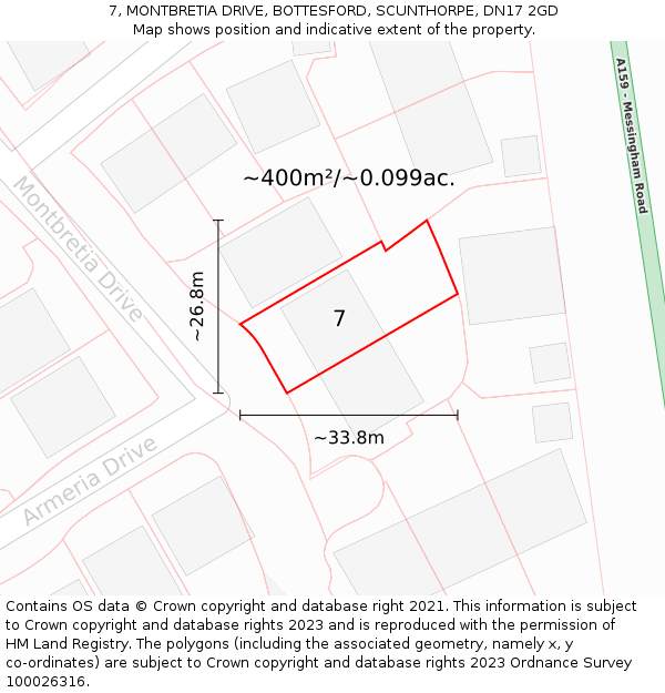 7, MONTBRETIA DRIVE, BOTTESFORD, SCUNTHORPE, DN17 2GD: Plot and title map