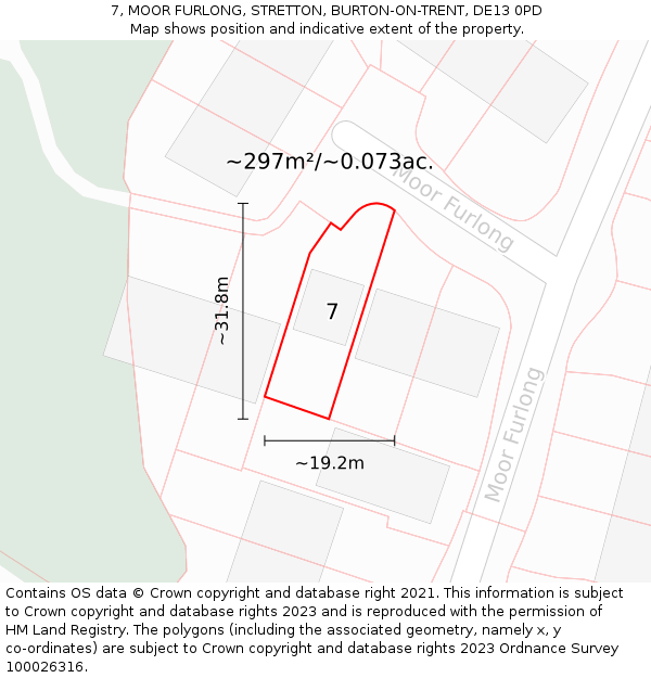 7, MOOR FURLONG, STRETTON, BURTON-ON-TRENT, DE13 0PD: Plot and title map