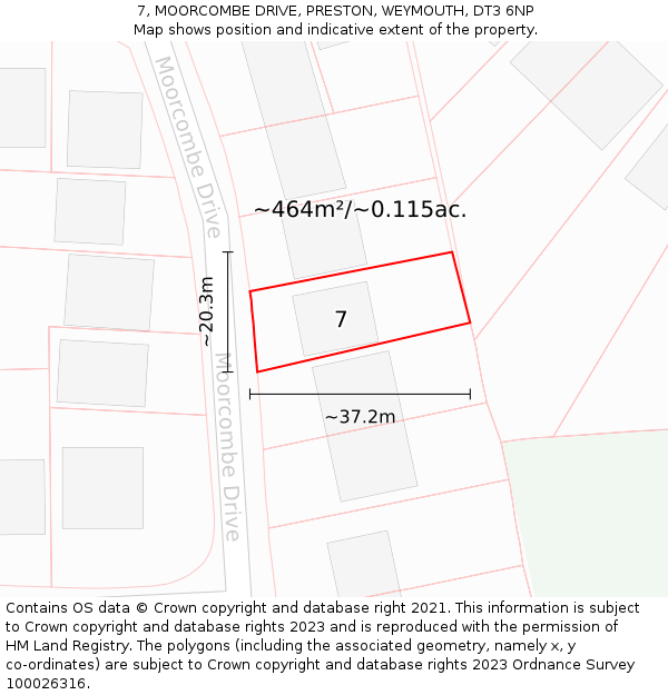 7, MOORCOMBE DRIVE, PRESTON, WEYMOUTH, DT3 6NP: Plot and title map