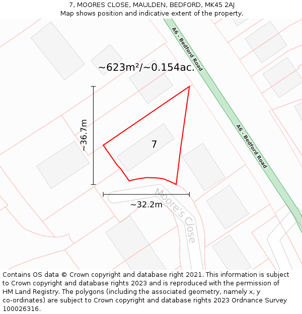 7, MOORES CLOSE, MAULDEN, BEDFORD, MK45 2AJ: Plot and title map