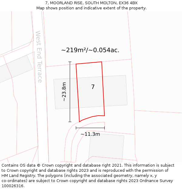 7, MOORLAND RISE, SOUTH MOLTON, EX36 4BX: Plot and title map