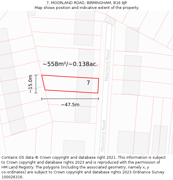 7, MOORLAND ROAD, BIRMINGHAM, B16 9JP: Plot and title map