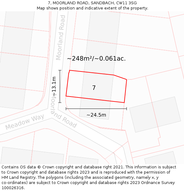 7, MOORLAND ROAD, SANDBACH, CW11 3SG: Plot and title map