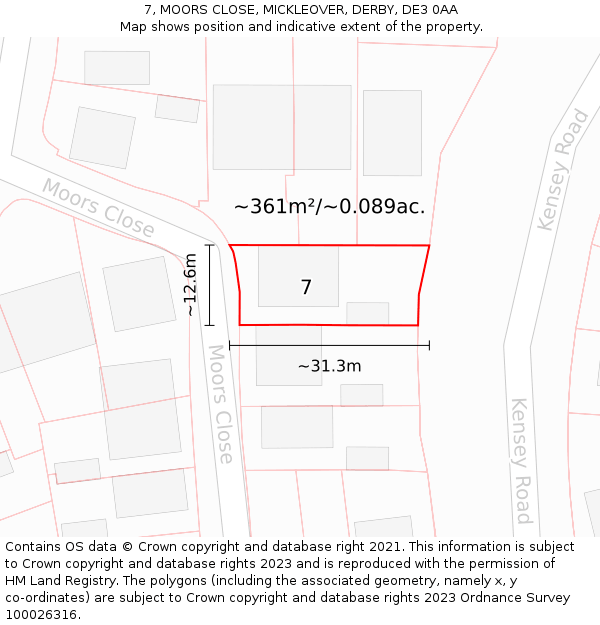 7, MOORS CLOSE, MICKLEOVER, DERBY, DE3 0AA: Plot and title map