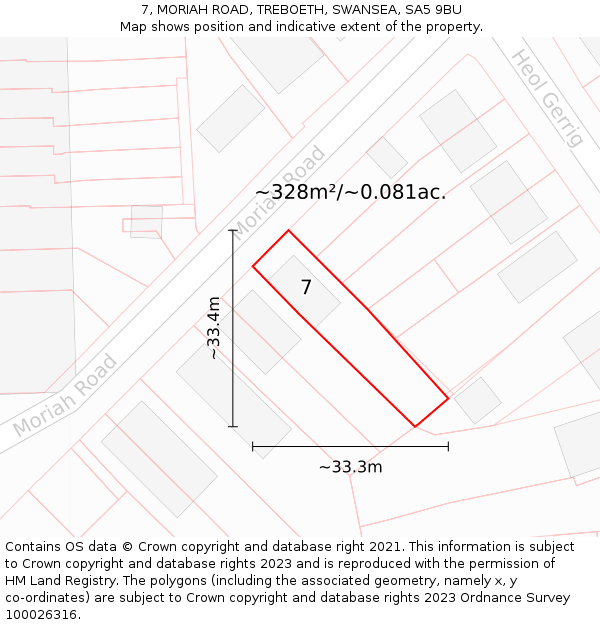 7, MORIAH ROAD, TREBOETH, SWANSEA, SA5 9BU: Plot and title map