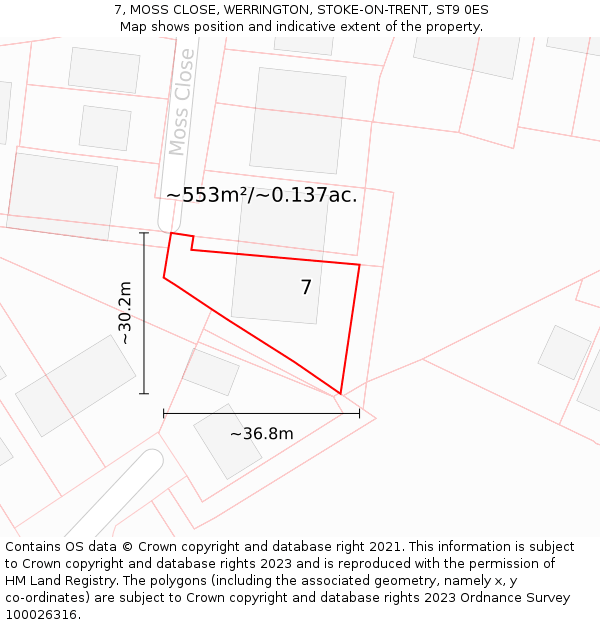 7, MOSS CLOSE, WERRINGTON, STOKE-ON-TRENT, ST9 0ES: Plot and title map