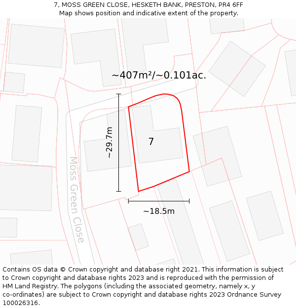 7, MOSS GREEN CLOSE, HESKETH BANK, PRESTON, PR4 6FF: Plot and title map