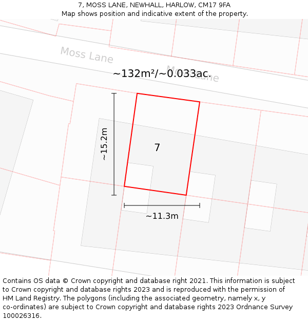 7, MOSS LANE, NEWHALL, HARLOW, CM17 9FA: Plot and title map